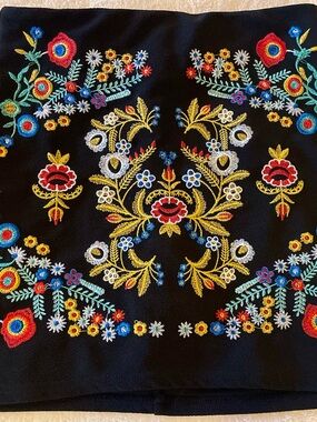 Black Embroidered Floral Skirt Panel with Multicolor Folk Motif